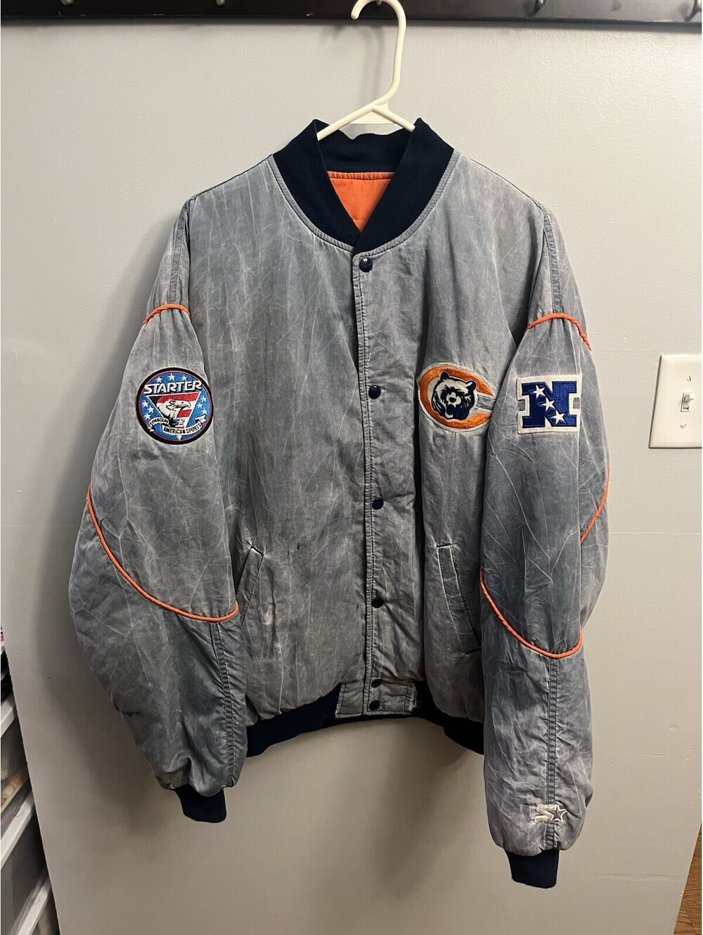 Vtg Starter Chicago Bears Acid Wash Bomber Jacket Mens XL USA NFL Puffer Gray